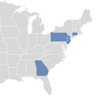 Map showing High Focus Centers outpatient locations across New Jersey, Pennsylvania, Connecticut, and Georgia