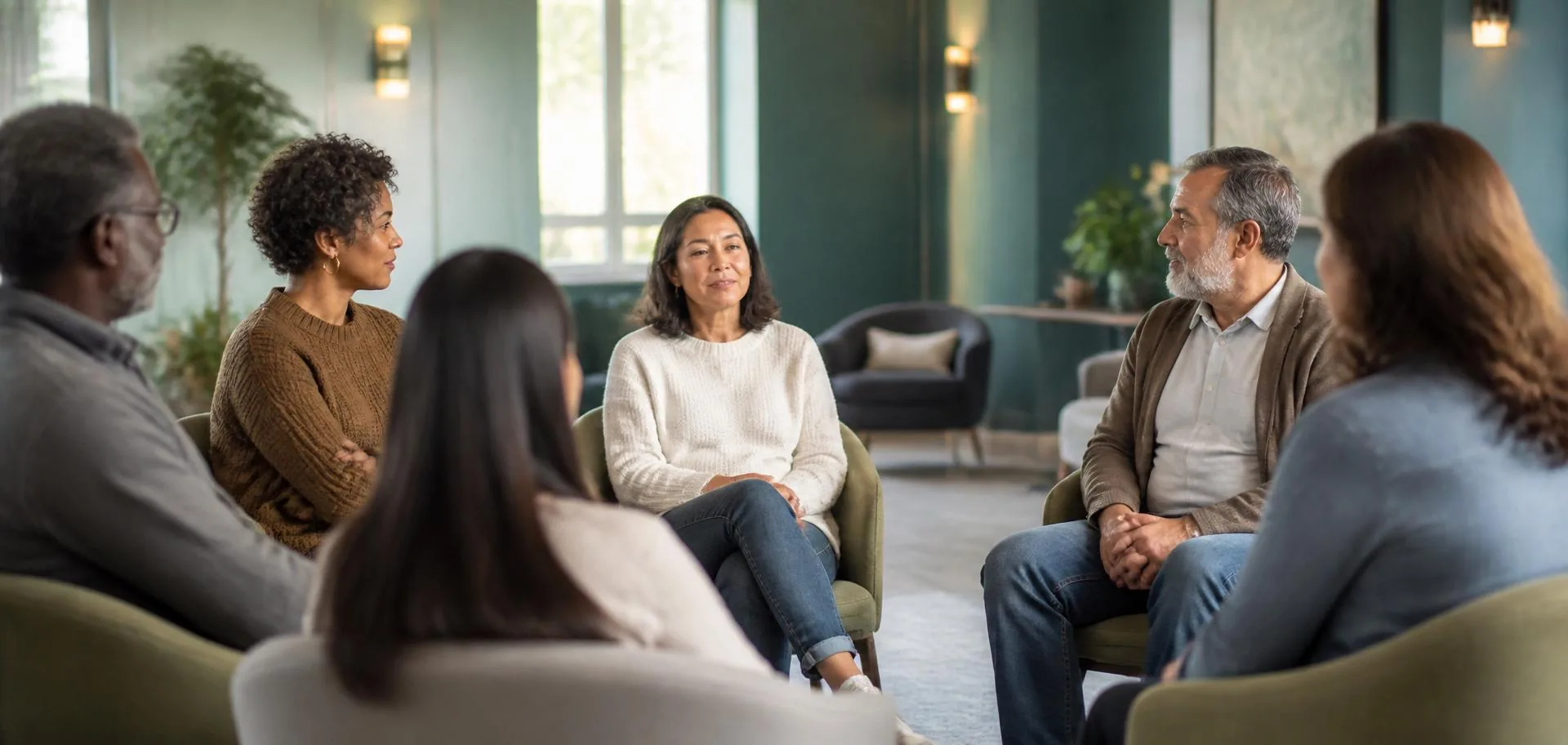 Group therapy circle in a warm daylight community room